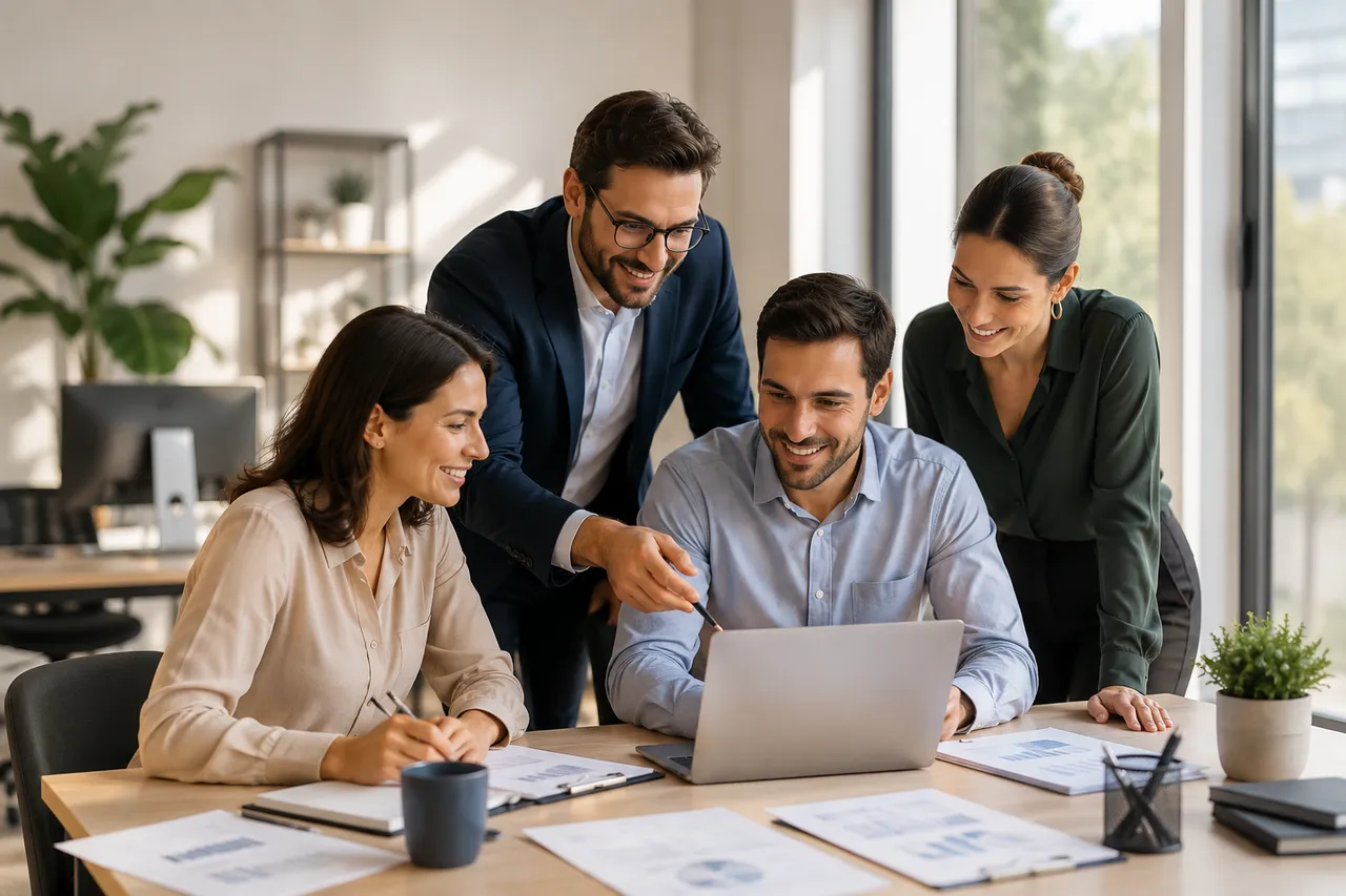 Illustration : une équipe de cabinet comptable collabore autour de Relcompta sur un ordinateur portable